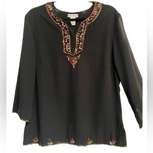 Vintage Beaded Embellished Black Tunic Blouse Beaded Hem Details Size Medium